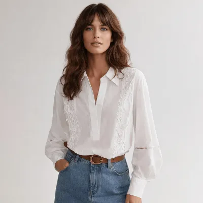 Women Fashion Elegant Hollow Embroidered Lace Stitching Lapel Long-Sleeve Loose Blouse