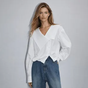 Women Fashion Elegant Solid Color Irregular Large Lapel Long-Sleeve Blouse