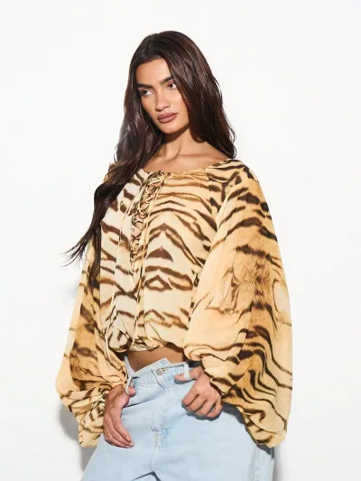 Women Fashion Leopard Printed Chiffon Hollow Strap Lantern Long Sleeve Blouse