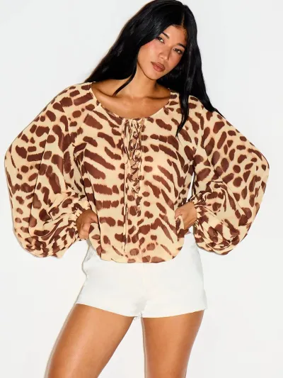 Women Fashion Leopard Printed Chiffon Hollow Strap Lantern Long Sleeve Blouse