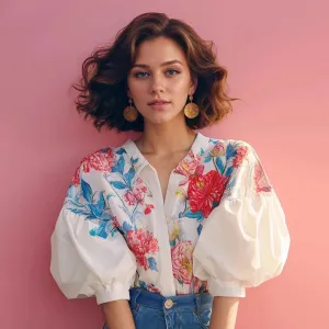 Women Fashion Elegant Flower Printed Lantern Sleeves Loose Blouse