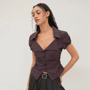 Women Fashion Sexy Summer Plaid Lapel Short-Sleeve Blouse