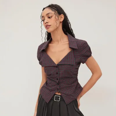 Women Fashion Sexy Summer Plaid Lapel Short-Sleeve Blouse