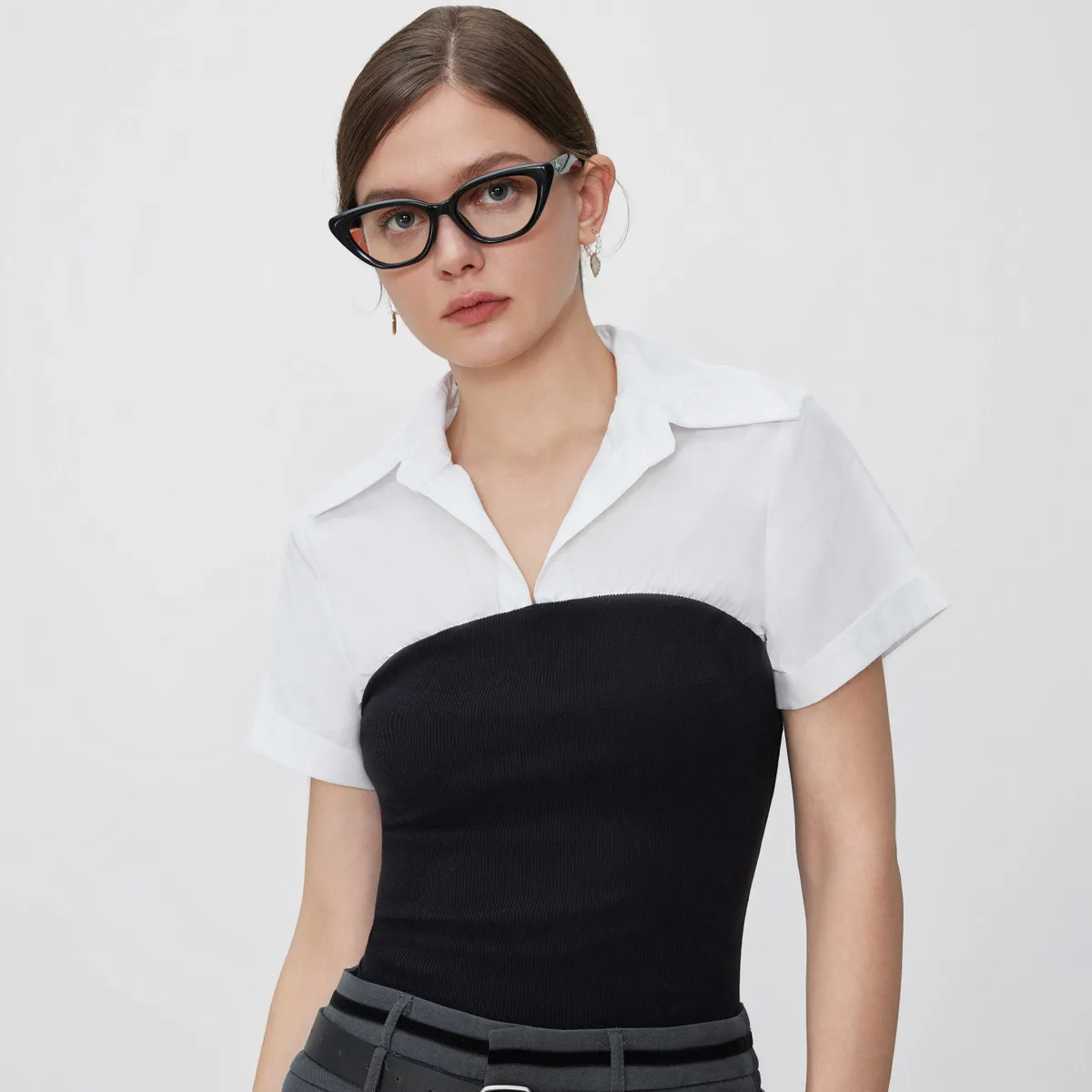 Women Fashion Sexy Stitching Lapel V-Neck Short-Sleeve Slim-Fit Blouse