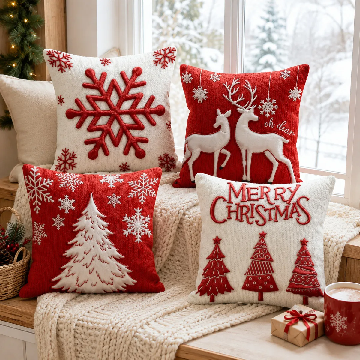 Christmas Snowflake Elk Christmas Tree Printed 45cm Pillowcase