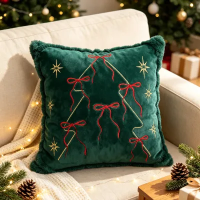 Christmas Tree Embroidered Snowflake Bell Bow Sofa Decorative Pillow Cover