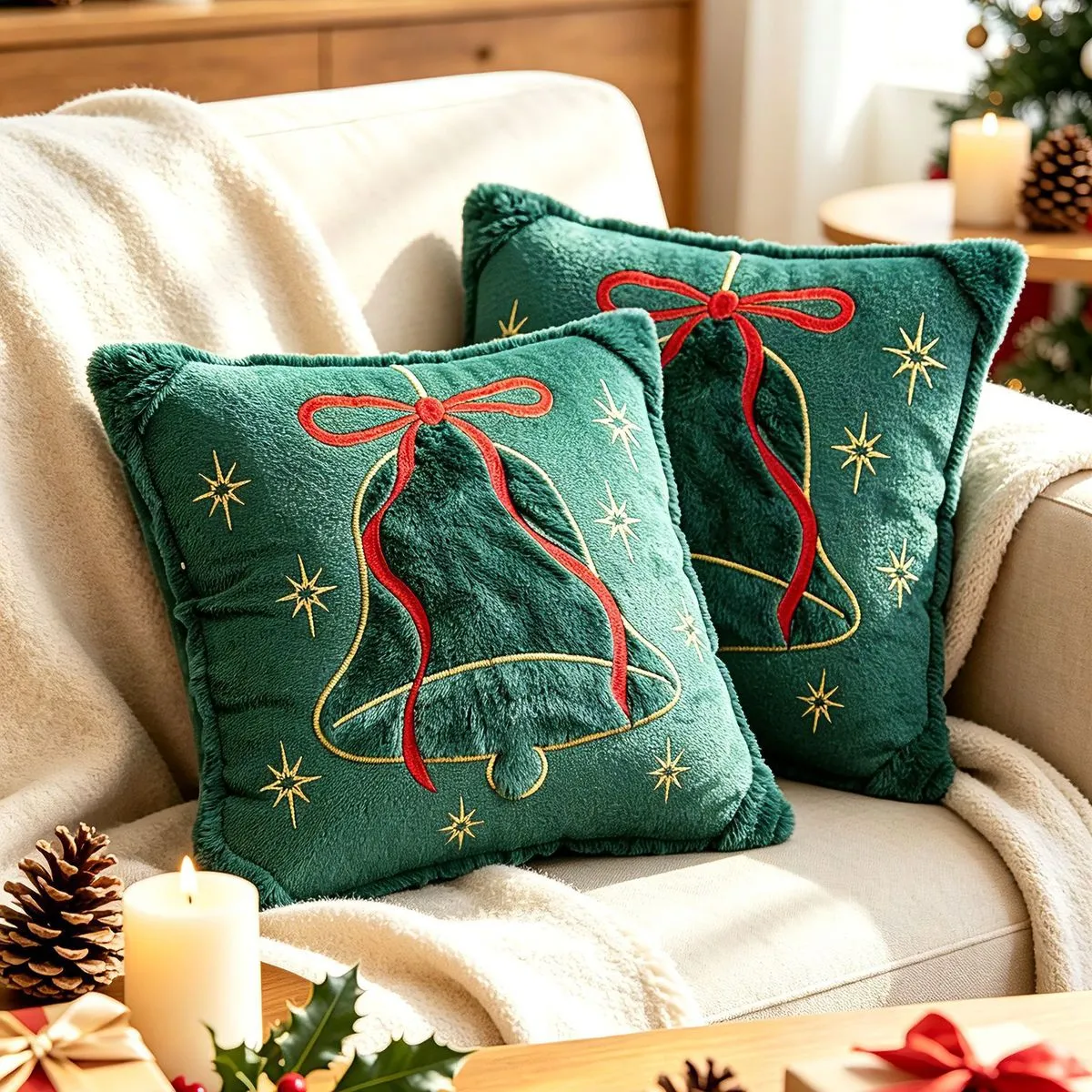 Christmas Tree Embroidered Snowflake Bell Bow Sofa Decorative Pillow Cover
