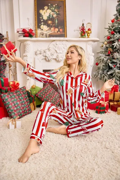 Christmas Women'S Fashion Casual Stripe Printed Lapel Long Sleeve Cardigan Pants Pajamas Two-Piece Set