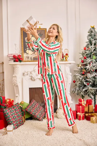 Christmas Women'S Fashion Casual Stripe Printed Lapel Long Sleeve Cardigan Pants Pajamas Two-Piece Set