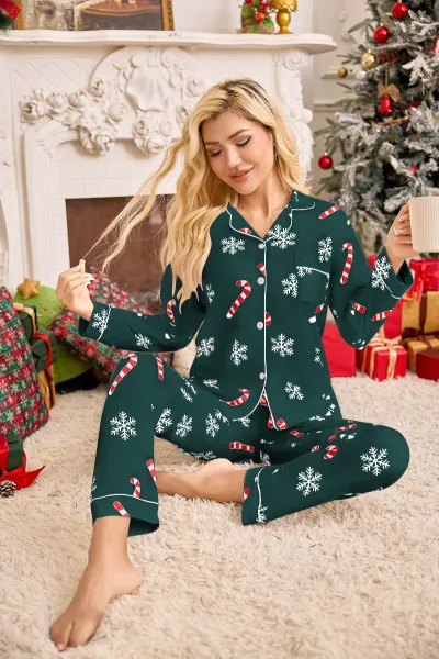 Christmas Women Fashion Casual Snowflake Lapel Long Sleeve Cardigan Pants Pajamas Two-Piece Set