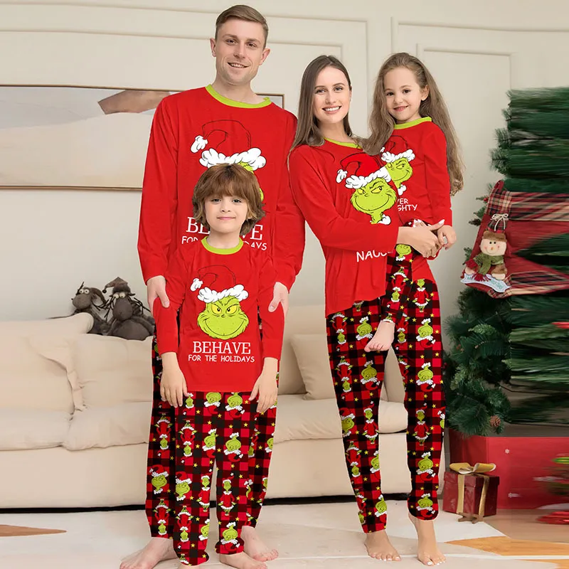 Fashion Cartoon Little Monster Christmas Hat Printed Parent-Child Plaid Long Sleeve Pajamas Set