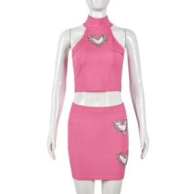 Women Fashion Sexy Summer Solid Color Love Rhinestone Hollow Tank Top Mini Skirt Two-Piece Set