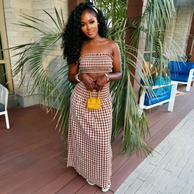 Women Fashion Sexy Summer Plaid Tube Top Maxi Dress Two-Piece Set