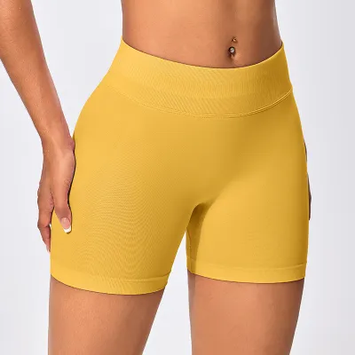 Women Fashion Simple Solid Color Low Waist High Elastic Seamless Tight Yoga Sports Shorts