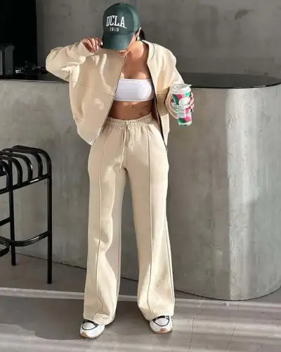 Women Fashion Casual Autumn And Winter Solid Color Long Sleeve Jacket Straight Pants Two-Piece Set