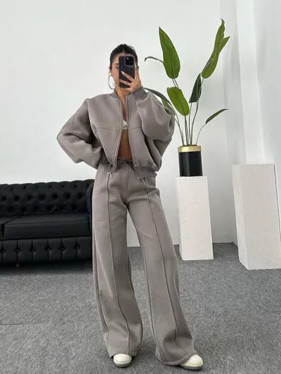 Women Fashion Casual Autumn And Winter Solid Color Long Sleeve Jacket Straight Pants Two-Piece Set