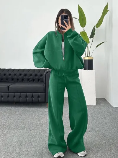 Women Fashion Casual Autumn And Winter Solid Color Long Sleeve Jacket Straight Pants Two-Piece Set