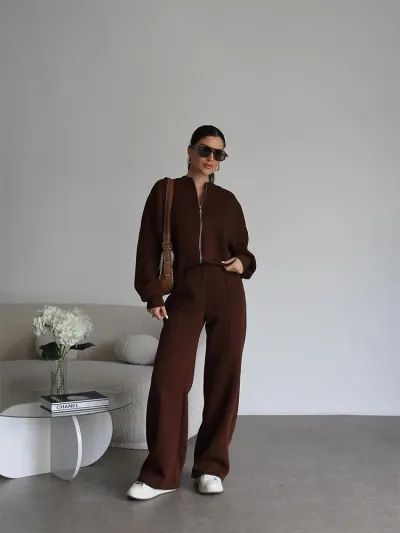Women Fashion Casual Autumn And Winter Solid Color Long Sleeve Jacket Straight Pants Two-Piece Set