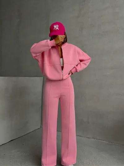 Women Fashion Casual Autumn And Winter Solid Color Long Sleeve Jacket Straight Pants Two-Piece Set