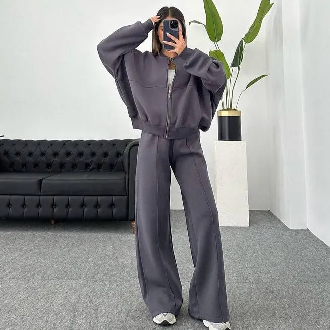 Women Fashion Casual Autumn And Winter Solid Color Long Sleeve Jacket Straight Pants Two-Piece Set