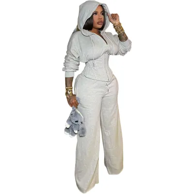 Women Fashion Casual Solid Color Long-Sleeve Fish Bone Tight Waist Hoodies Loose Pants Two-Piece Set