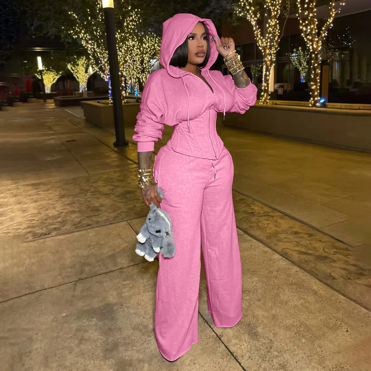Women Fashion Casual Solid Color Long-Sleeve Fish Bone Tight Waist Hoodies Loose Pants Two-Piece Set