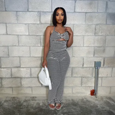Women Fashion Sexy Summer Jacquard Stripe Halter-Neck Tank Top Slim-Fit Pants Two-Piece Set
