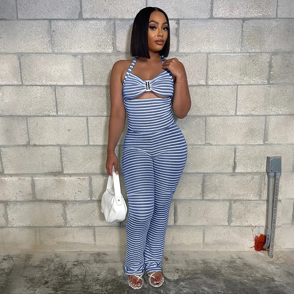 Women Fashion Sexy Summer Jacquard Stripe Halter-Neck Tank Top Slim-Fit Pants Two-Piece Set