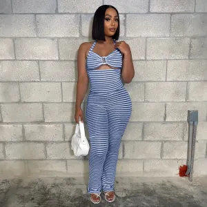 Women Fashion Sexy Summer Jacquard Stripe Halter-Neck Tank Top Slim-Fit Pants Two-Piece Set