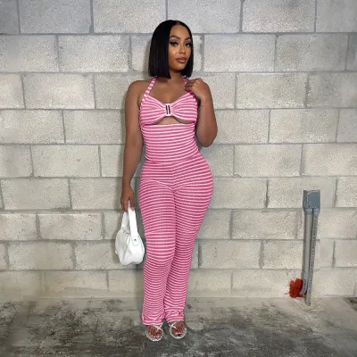 Women Fashion Sexy Summer Jacquard Stripe Halter-Neck Tank Top Slim-Fit Pants Two-Piece Set