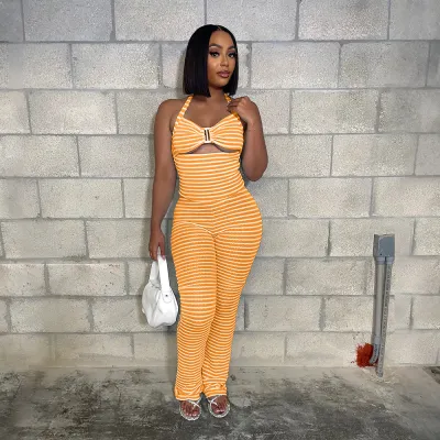 Women Fashion Sexy Summer Jacquard Stripe Halter-Neck Tank Top Slim-Fit Pants Two-Piece Set