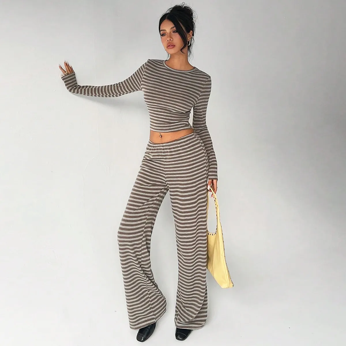 Women Fashion Casual Stripe Long-Sleeve Crop Top Straight Pants Two-Piece Set
