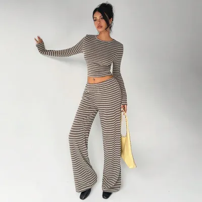 Women Fashion Casual Stripe Long-Sleeve Crop Top Straight Pants Two-Piece Set
