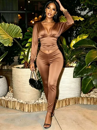 Women Fashion Sexy Solid Color V-Neck Long Sleeve Crop Top Slim-Fit Pants Two-Piece Set