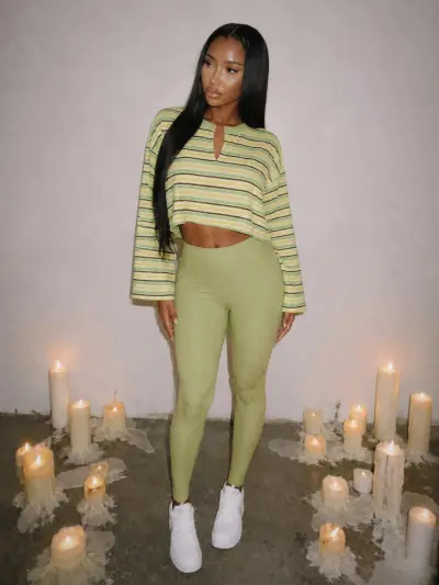 Women Fashion Sexy Stripe V-Neck Long Sleeve Crop Top Slim-Fit Pants Two-Piece Set