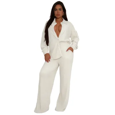 Women Fashion Casual Solid Color Stretch Lapel Long-Sleeve Blouse Pocket Wide Leg Pants Two-Piece Set