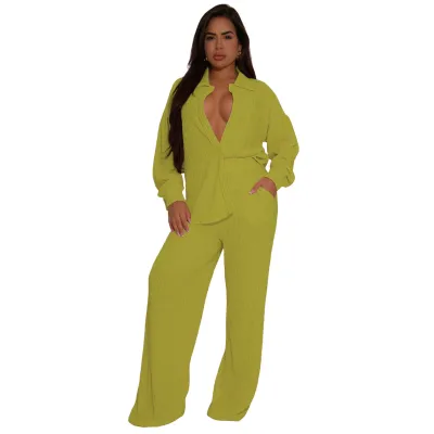 Women Fashion Casual Solid Color Stretch Lapel Long-Sleeve Blouse Pocket Wide Leg Pants Two-Piece Set
