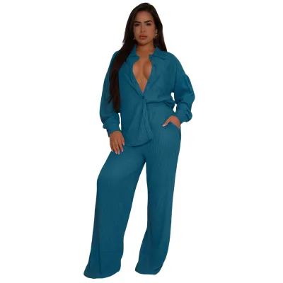 Women Fashion Casual Solid Color Stretch Lapel Long-Sleeve Blouse Pocket Wide Leg Pants Two-Piece Set
