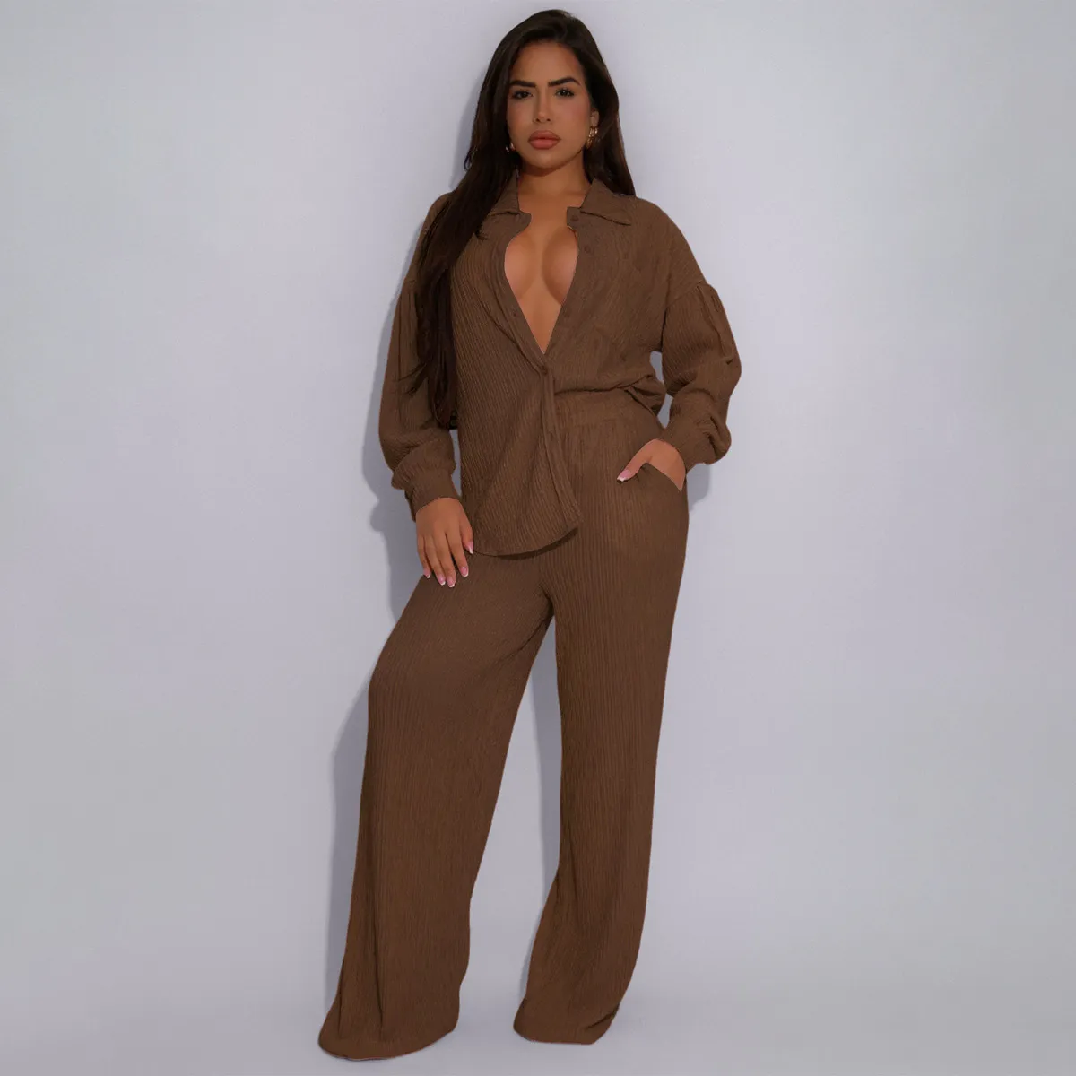 Women Fashion Casual Solid Color Stretch Lapel Long-Sleeve Blouse Pocket Wide Leg Pants Two-Piece Set