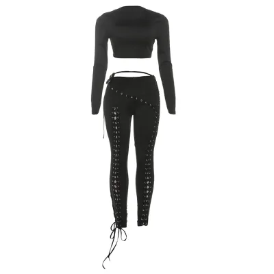 Women Fashion Sexy Solid Color Long Sleeve Crop Top Hollow Strap Tight Pants Two-Piece Set