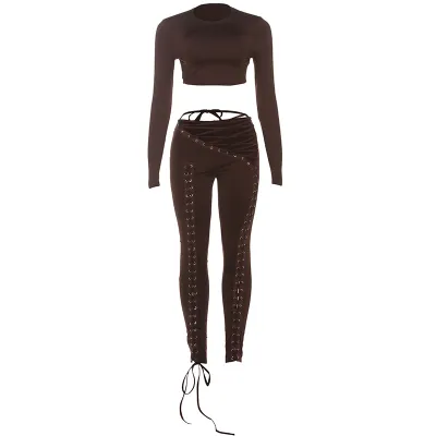 Women Fashion Sexy Solid Color Long Sleeve Crop Top Hollow Strap Tight Pants Two-Piece Set