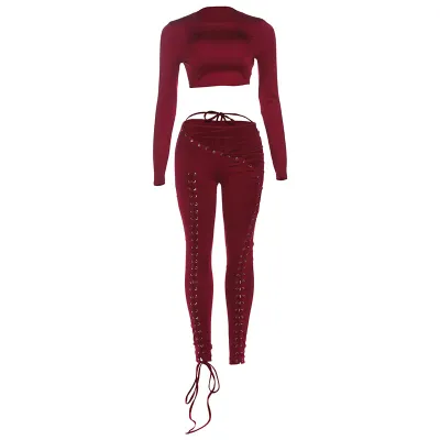 Women Fashion Sexy Solid Color Long Sleeve Crop Top Hollow Strap Tight Pants Two-Piece Set