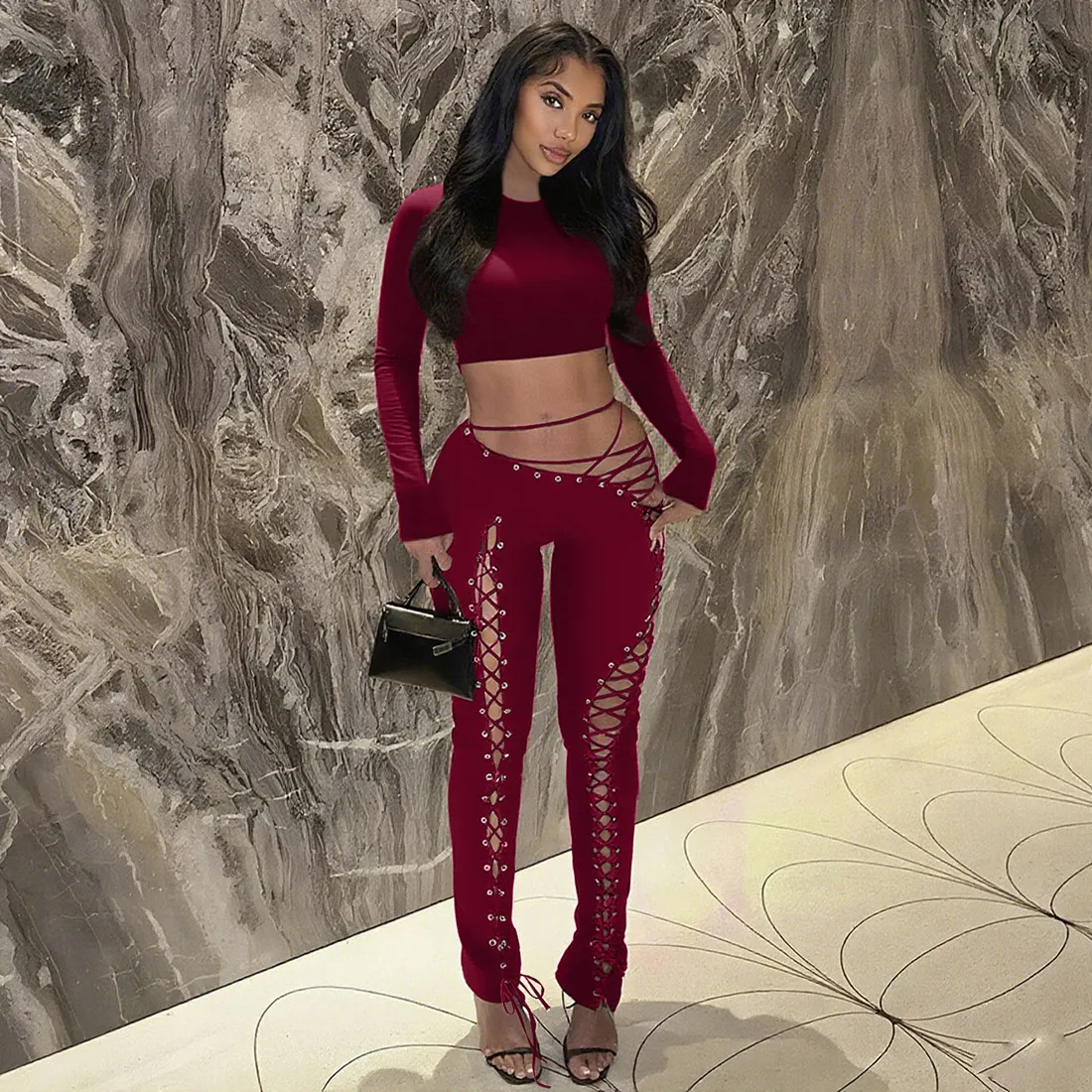 Women Fashion Sexy Solid Color Long Sleeve Crop Top Hollow Strap Tight Pants Two-Piece Set