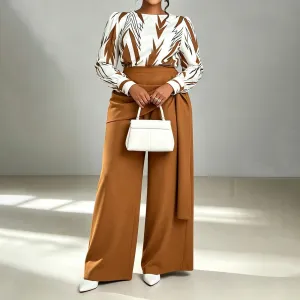 Women Fashion Casual Plus Size Autumn Print Long-Sleeve Blouse Loose Lace-Up Pants Two-Piece Set