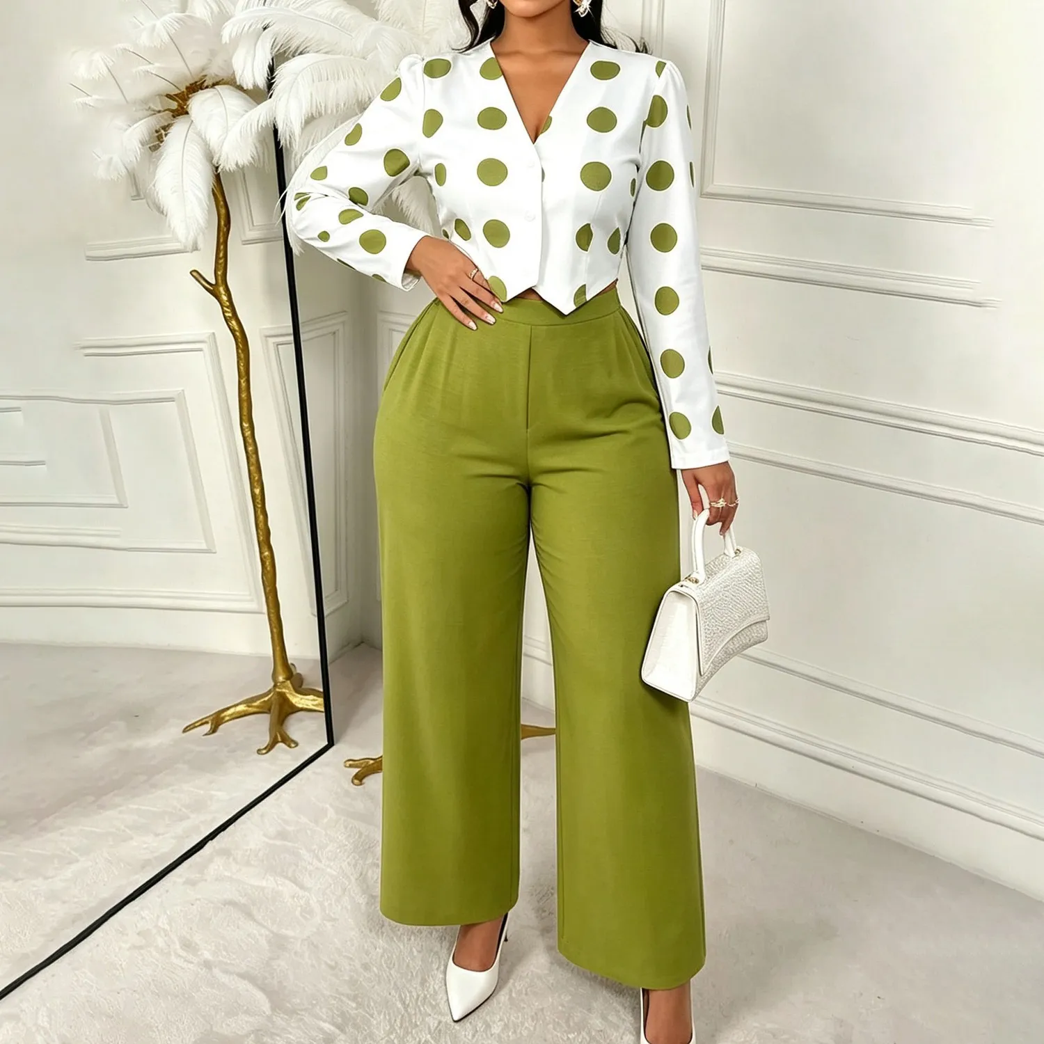 Women Fashion Casual Plus Size Autumn Polka Dot Print V-Neck Long-Sleeve Irregular Hem Coat Wide Leg Pants Two-Piece Set
