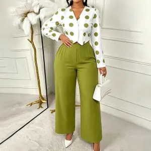 Women Fashion Casual Plus Size Autumn Polka Dot Print V-Neck Long-Sleeve Irregular Hem Coat Wide Leg Pants Two-Piece Set