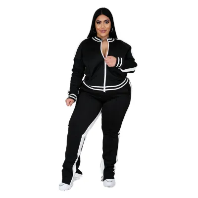 Women Fashion Casual Plus Size Autumn And Winter Stripe Long Sleeve Zipper Coat Slim-Fit Pants Two-Piece Set