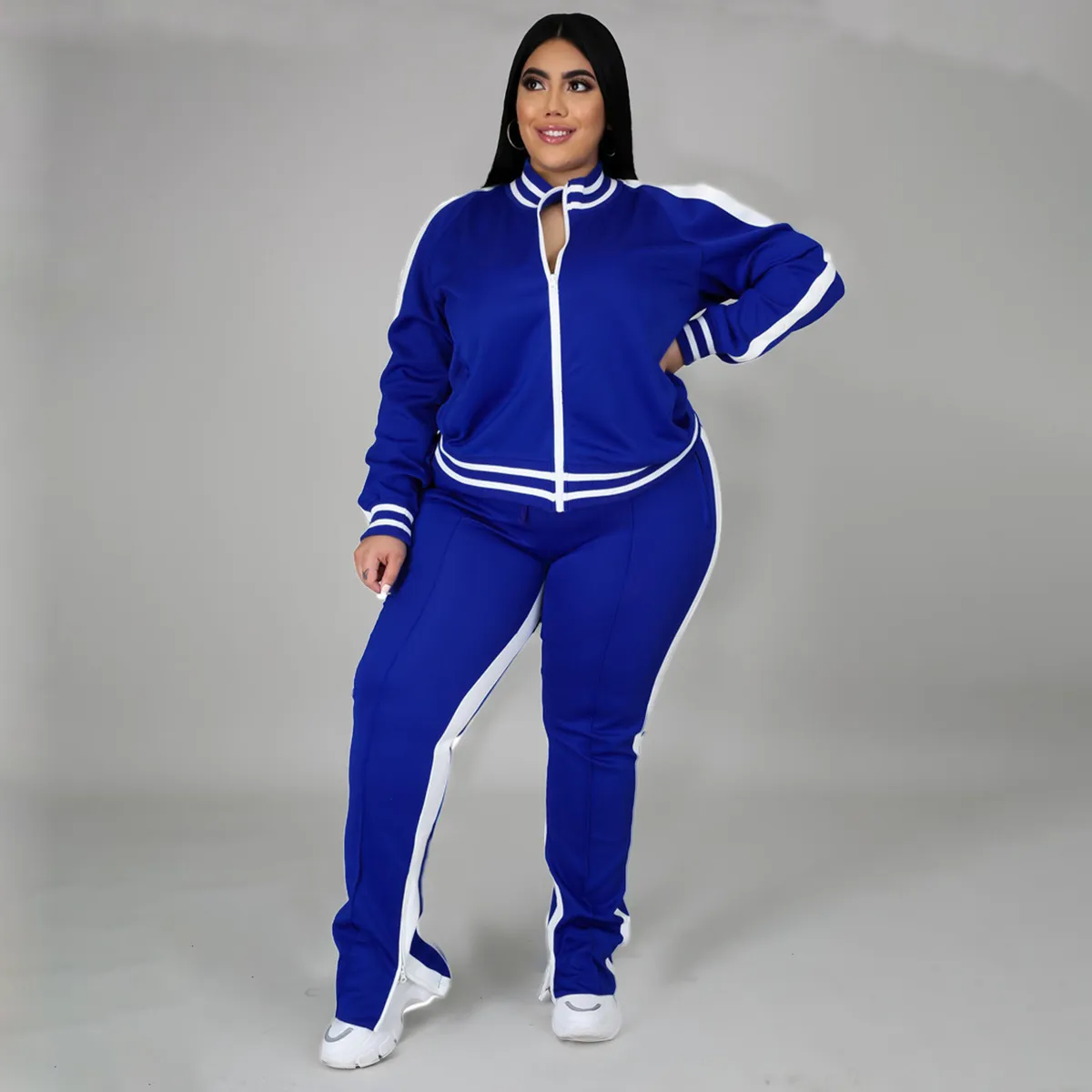Women Fashion Casual Plus Size Autumn And Winter Stripe Long Sleeve Zipper Coat Slim-Fit Pants Two-Piece Set