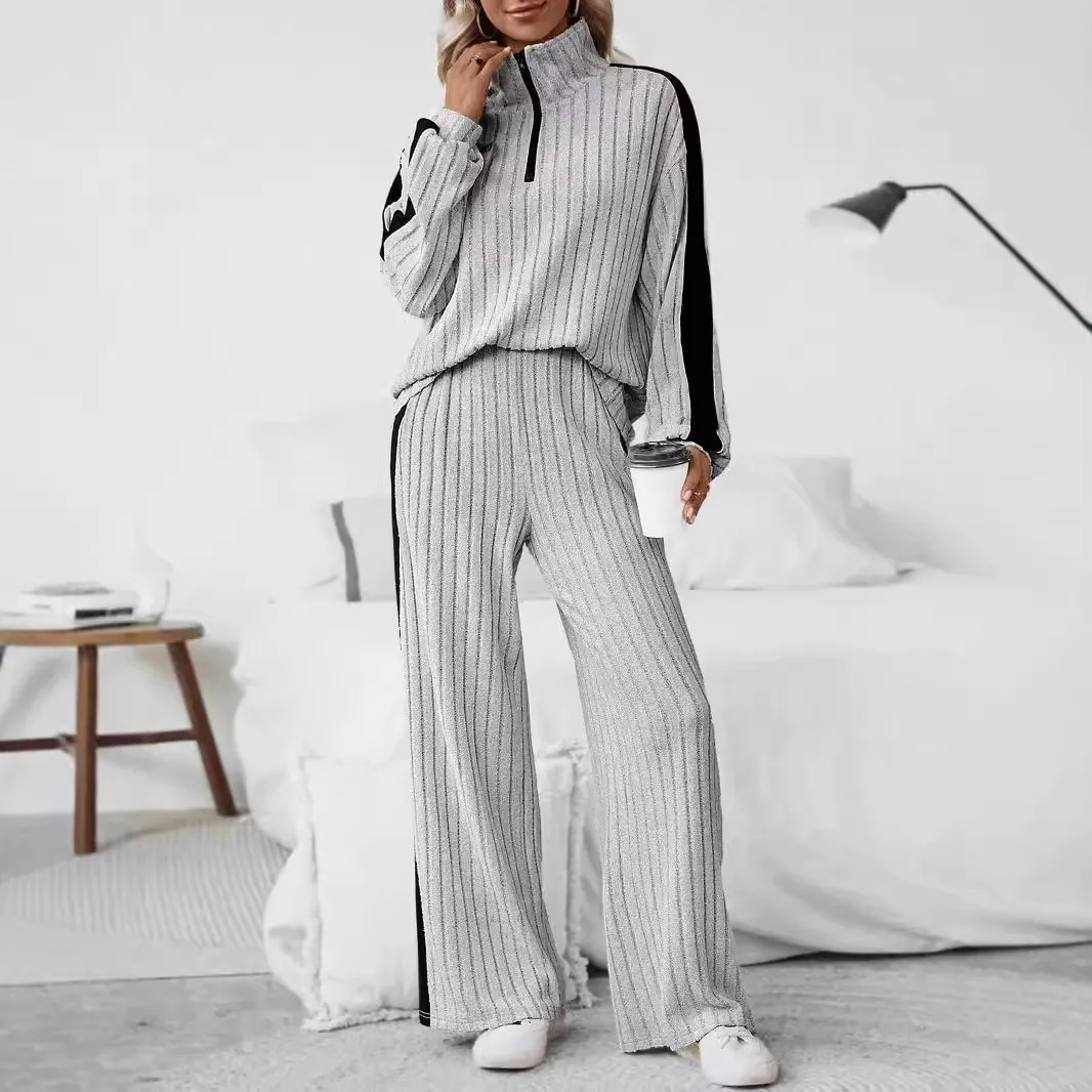 Women Fashion Casual Plus Size Autumn Stripe Lapel Long-Sleeve Sweatshirt Wide-Leg Pants Two-Piece Set