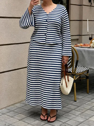 Women Fashion Casual Plus Size Autumn Stripe V-Neck Horn Sleeve Top High Waist Loose Maxi Skirt Two-Piece Set